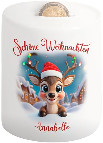 Geld-Geschenk Weihnachten: 3D Rentier Spardose mit Namen „Schöne Weihnachten“ personalisiert Mädchen Junge Geldgeschenk Verpackung