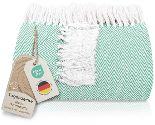 Gräfenstayn Premium Tagesdecke mit Fransen - 100% Baumwolle - 220 x 240 cm - Fischgrätenmuster Sommerdecke - Baumwolldecke als Bett-Überwurf, Couch-Überwurf, Sofa-Decke (Mint)