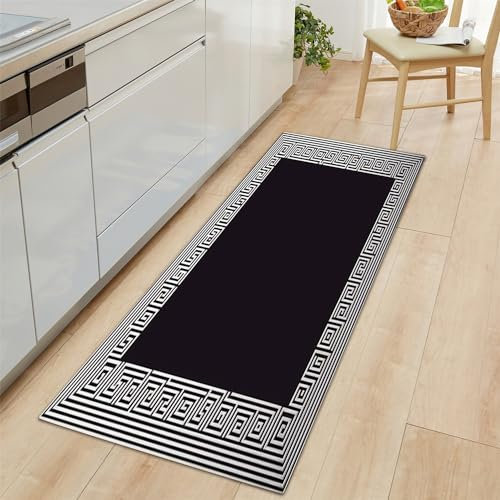 Küchenläufer Einfacher Geometrischer Griechischer Stil Motiv Teppich Läufer 50x140cm, rutschfest Pflegeleicht Schwarz Und Weiß Teppich Läufer für Küche, Flur, Eingangsbereich, Esszimmer
