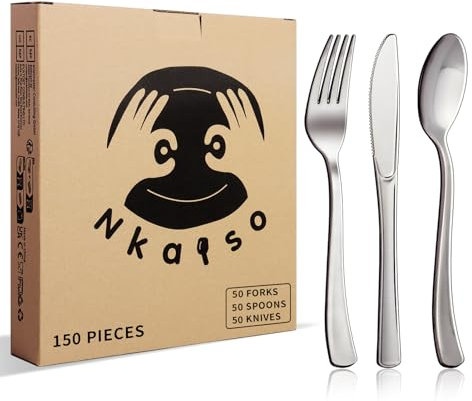 Nkaiso 150 Piece Silver Silverware Set, 40 Knives, Forks & Spoons, Reusable Tableware for Weddings, Parties & Events