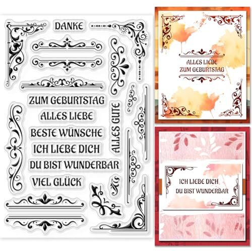 GLOBLELAND Vintage Ecke Deutsche Sprüche Klare Stempel Für DIY Scrapbooking Rero Spitzenrahmen Deutsches Wort Silikon Klarer Stempel 11x16 cm Silikonstempel Siegel Für Die