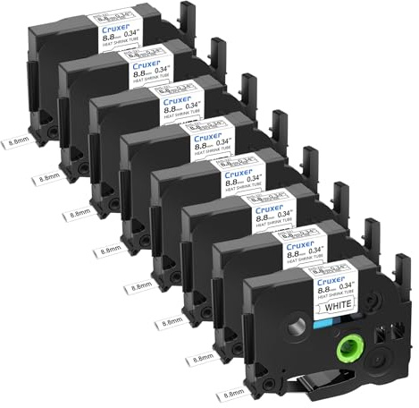 Cruxer 8er-Packung Kompatibel für Brother P-touch HSE-221 Schrumpfschlauch Schriftband，Schwarz auf Weiß Etikettenband 0,34'' 8.8mm x 1.5m Schriftband Ersatz für PT-P750W PT-D200 PT-H105