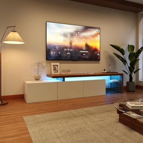 Ravas TV Lowboard Schrank, TV Holz Fernsehtisch mit hochglänzendes, Glasböden, LED-Beleuchtung für Wohnzimmer, Esszimmer und Schlafzimmer