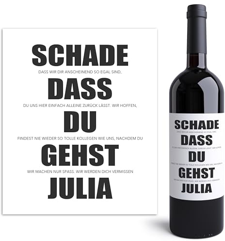 Schade dass du gehst Weinetiketten personalisiertes Abschiedsgeschenk Kollegen Arbeitskollegin Kollegin Abschied Jobwechsel Geschenk Wein Flaschenetiketten selbstklebend 2 Stück | 10x12 cm