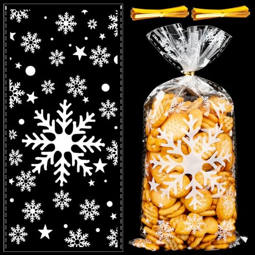 MELLIEX 100 Stück Schneeflocke Weihnachten Plätzchentüten, 10 x 20cm Kleine Cellophantüten Transparent Candy Bar Süßigkeitentüte mit Twist Krawatten für Kekse, Bonbon