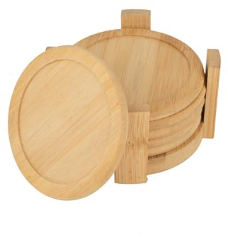 TARUNMO Untersetzer Holz Für Gläser, Bambus Untersetzer 6er Set, Holzuntersetzer Rund Mit Halter, Tassenuntersetzer & Glasuntersetzer Holz, Getränkeuntersetzer für Tischschutz