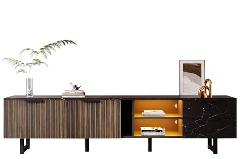 Mueble TV Salon de 200 cm con iluminación LED, 2 cajones y 2 Puertas, Aspecto de mármol Negro, Mueble Bajo Pare TV con Patas de Metal und protección de Suelo