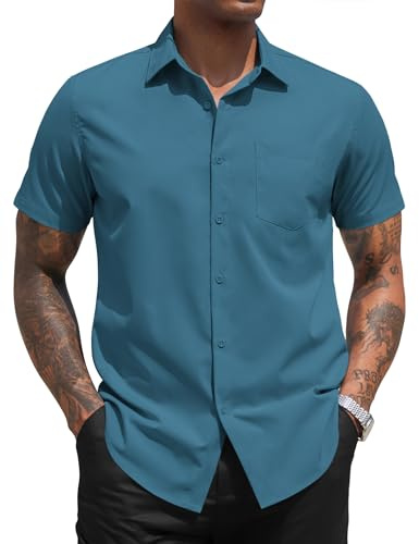 COOFANDY Chemise Homme Manche Courte Regular Fit Été Chemise Casual Business Elegant Chemises Classique Bureau Ville avec Poche Chemises Infroissable sans Repassage Sarcelle S