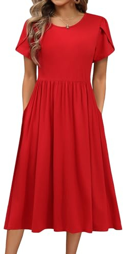 HOTOUCH Women Dresses Elegant Summer Midi Dress Short Sleeve Round Neck Tunic Dress Casual A Line Dresses with Pockets S-XXL