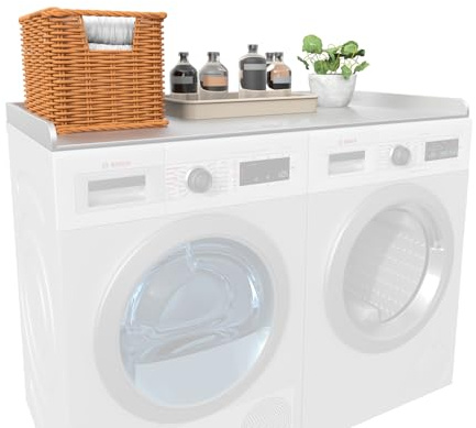 TEENKON Comptoir de lave-linge, housses en bois pour lave-linge et sèche-linge, étagère de table à linge, comptoir avec rails de bord, dessus de linge pour la maison (blanc, 137 x 70 x 7 cm)