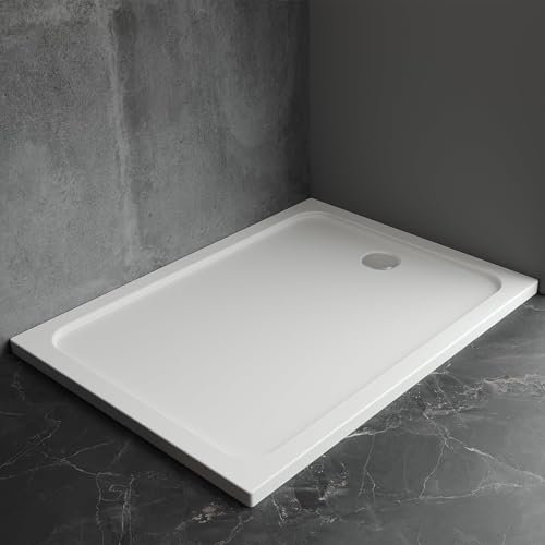 Duschwanne 80 x 100 cm Duschtasse Super Flach für Dusch Duschkabine in Weiß Rechteckig aus Sanitäracryl, Duschwanne Komplett inkl. Ablaufgarnitur