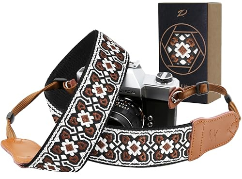 Padwa Lifestyle Braune Blumen Kameragurt - 2“ Rindsleder Kopf Kameragurt für Fotografen, Vintage Jacquard Stickerei gewebt Baumwolle verstellbare Schulter Nackenriemen für Kameras, Ferngläser