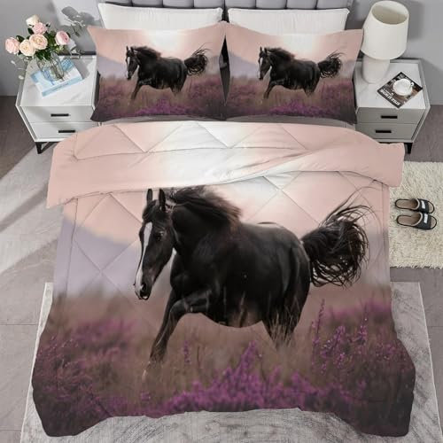 buyluhn Piumino completo con cavallo nero, reversibile, per tutte le stagioni, 7,5 tog, lavabile in lavatrice, per letto matrimoniale, estate e inverno, leggero, 2 federe