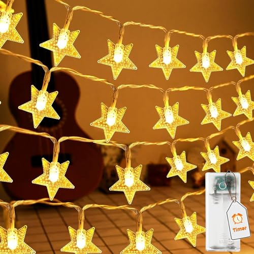 ALEGRE® LED Lichterkette Sterne mit Timer,3M 20 LED Warmweiß Stern Lichterkette Weihnachten Außen Innen Batteriebetrieben,Sterne Lichterketten mit Timer für Hochzeit,Kinderzimmer,Silvester,Weihnachten