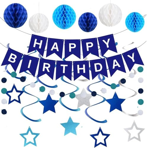 Blue Birthday Decoration Set with Happy Birthday Party Banner Circle Ornament Honeycomb Balls Star Spiral Charms Birthday Celebrations Decoration for Family or Friends
