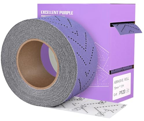 MOGRQAP Rollo de Papel de Lija Grano 120, 70mm x 12m Rollo de Hojas de Lija Multi-Hole Precorte Papel de Lijado Cerámicas Morado para Madera, Metal y Pulido de Automóviles
