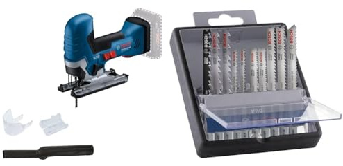 Bosch Professional 18V System Akku Stichsäge GST 18V-125 S + 10x PRO Hardwood and Laminate Stichsägeblatt-Set (für Hartholz, Parkett, Länge 83 mm, Zubehör)