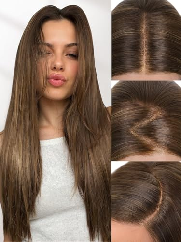 FAVE Synthetik 13x4 SpitzenfrontPerücken Klebefreie Honigblond Vorgezupft | HD transparente SpitzenfrontPerücken für Frauen, 65cm natürliches glattes Haar, sofort tragbar