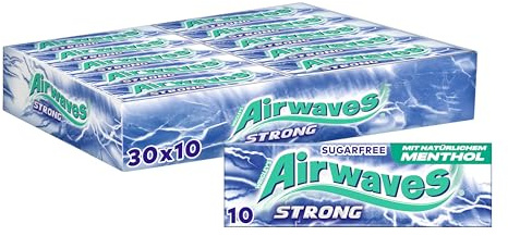 Airwaves Strong Kaugummi zuckerfrei, frischer Atem, 30x10 Dragees | Menthol-Eukalyptus-Kaugummi mit natürlichem Menthol, klärend frisch, Großpackung für Büro, Studienbeginn und frischen Atem