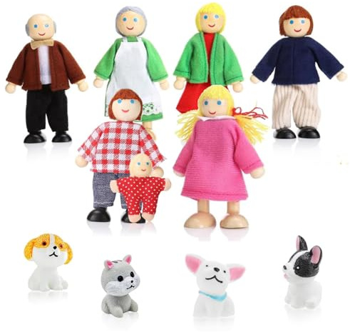 Lot de 7 figurines de maison de poupée familiale, avec 4 chiens, poupées pour enfants, poupées pour famille, accessoires uniques pour jeu imaginatif, accessoires cadeaux