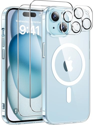 ivencase Magnetic for iPhone 15 Case with 2 Pack Screen Protector and 2 Pack Camera Lens Protector, Compatible with MagSafe, Shockproof Protective Clear Back Phone Case for iPhone 15 6.1 Inch -Clear