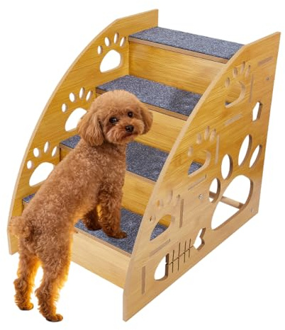 WADORN Escaleras de madera para mascotas, rampa para perros de 4 escalones para gatos pequeños, medianos y grandes, escaleras portátiles desmontables para perros de patas cortas, escalones marrones