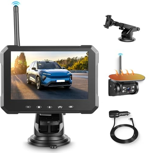 VECHTEL Kabelloser Rückfahrmonitor 5'' IPS HD, Solar-Rückfahrkamera Kabellos 10000mAh Magnetisch IP69, Nachtsicht, Intelligente Parkhilfslinien, Kompatibel 12V für Auto LKW SUV