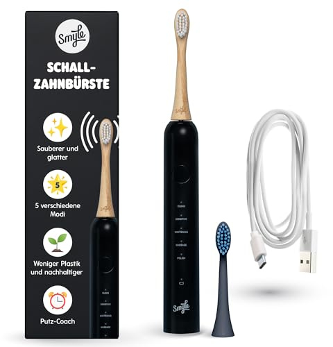 Smyle Zahnbürste - Schwarz Schallzahnbürste – Elektrische Zahnbürste mit 40000 Vibrationen/Min, Sensor & 4 Monate Akkulaufzeit, modernes Design für die tägliche Zahnpflege