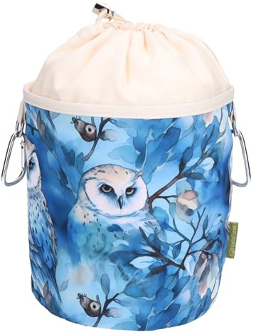 bellaCott Portable Hanging Clothes Peg Bag Cotton with 2 Sturdy Carabiner Hooks, Drawstring Closure, Metal Stopper for Storing Clothespins, snow owls, Clothes peg bag with 2 carabiner hooks