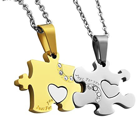 Hanessa 2 Stück Personalisierte Kette mit Gravur Edelstahl 50 cm mit Anhänger Puzzle Teil mit Herz in silber gold - Personalisierte Geschenke für Damen Herren Freundin Freund - Partner Halskette
