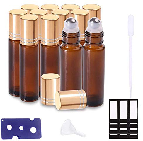 SUXNOS Botellas de rodillos de aceites esenciales Botellas de vidrio ámbar marrón bolas con ruedas de acero inoxidable 10ml con reutilizable 12 unids para aceite de aroma y aceite de perfume
