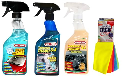 Ma-Fra Kit Trattamento Auto Interno ED Esterno. TRATTAMENTO 3IN1 TESSUTO- PLASTICHE- GLASS CLEANER, INSIEME 7 PANNI MICROFIBRA MULTIUSO 30x35 cm