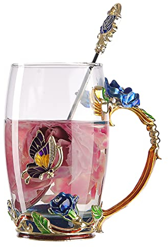 HUISHENG Enamels Butterfly Flower Tea Cup Sets, Glass Coffee Mugs, Valentines Christmas Birthday Graduation Mothers Day Gifts, Women Wife Her Mum Grandma Teacher Friend Present