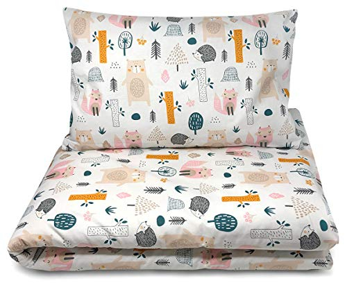 Balbina Kinder Baby-Bettwäsche-Set Boho Tiere Motiv 100 x 135 cm Deckenbezug 40 x 60 Kissenbezug 2tlg. 100% Baumwolle Reißverschluss (Waldtiere Bunt)