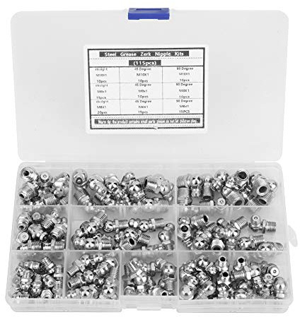 115Pcs Steel Grease Zerk Nipple Fittings 45/90 Degree Straight Nozzle M6 x 1 M8 x 1 M10 x 1 | M8 M10 Thread Sizes with 45/90 Degree Nozzles, Straight and Angled Connectors, Corrosion Resistant Bulk Pack