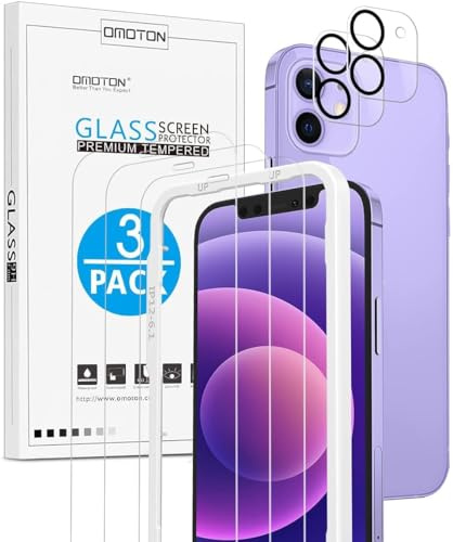 OMOTON 5 Stück Schutzglas kompatibel mit iPhone 12 mini, 3 Stück Displayschutzfolie und 2 Stück Kamera Schutzfolie, [Anti- Kratzer], [Bläschenfrei], 9H Härte Panzerfolie Mit Rahmen-Installationshilfe