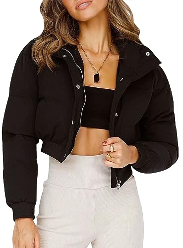 Gihuo Women' s Cropped Puffer Jacket Padded Long Sleeve Bubble Coats Winter Warm Puffy Outerwear(Black-L)