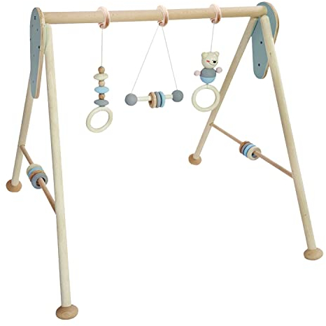 Hess Holzspielzeug 20035 - Spielgerät aus Holz, Nature Serie Bär in Blau, für Babys, handgefertigter Spiel-Bogen mit Figuren und Rasseln, ca. 62 x 57 x 54,5 cm groß