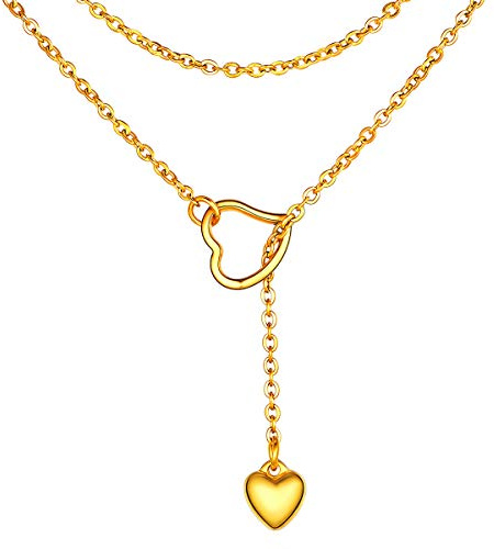 FOCALOOK Damen Lariat Halskette mit Anhänger Stab/Herz/Schloss/Italienisches Horn/Kreuz personalisiert 73/80cm Collier Edelstahl/18k vergoldet Modeschmuck Accessoire für V-Ausschnitt Pullover Kleid