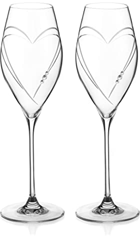 DIAMANTE Swarovski Prosecco Glasses Pair - 'Hearts' Design with Swarovski Crystals - Gift Box Set of 2