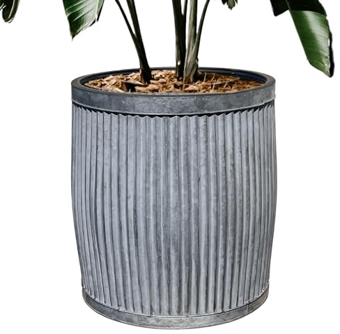 Grand Pot de Fleurs en Acier galvanis� avec Nervures Vintage