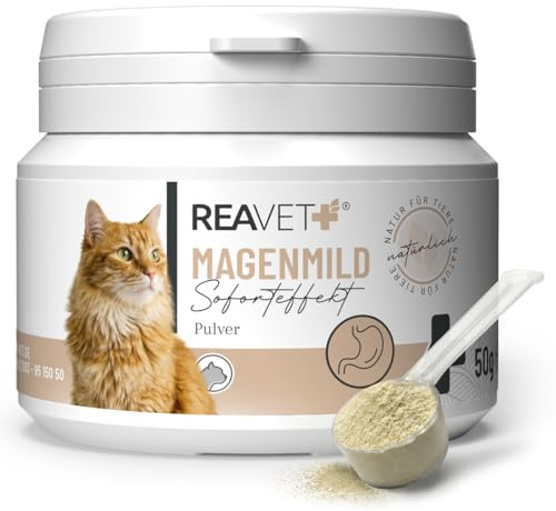 ReaVET Magenmild Pulver für Katzen – Bei empfindlichem Magen, Neigung zu Erbrechen, Würgen, Sodbrennen oder weichem KOT – Magenpulver naturrein mit Bentonit, Heilerde I 50g