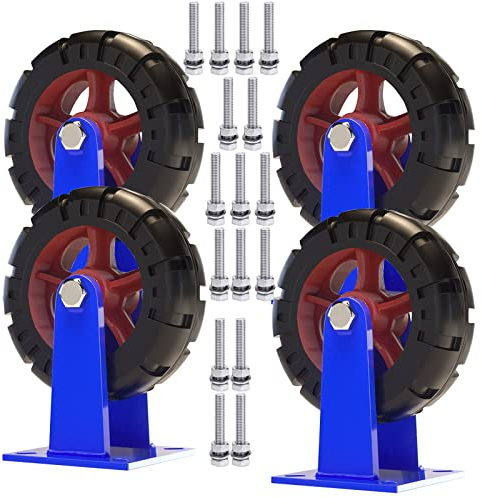 WORDFUN 4er Set Leise Schwerlastrollen 10 Zoll Gummi Rollen Mit Bremse & Kugellager, Pannensichere Rollen Mit Schrauben Aus Rostfreiem Stahl, IndustrieLenkrolle Für Trolleys, Tragkraft 2000 Kg