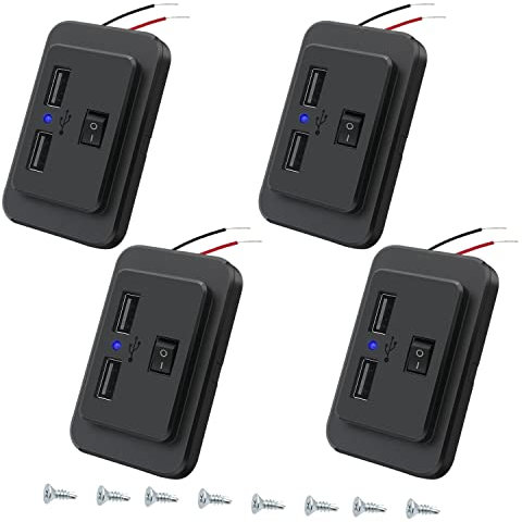 Hoembpn 4Pcs Toma de Cargador de Coche 4.8A Dual USB con Interruptor, 12V/24V Panel de Enchufes USB Carga Rápida Adaptador con LED para Automóviles Barcos Camiones RVs Autocaravana Carritos de Golf