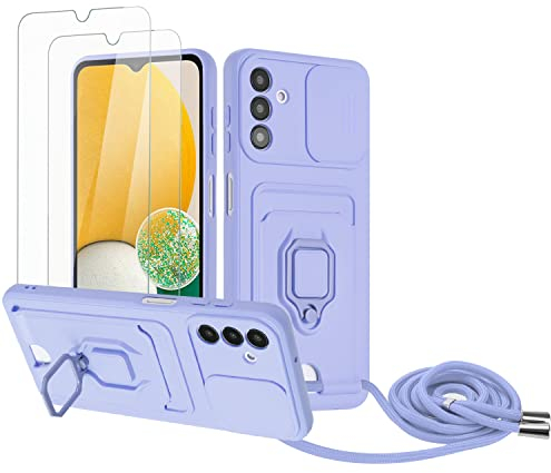 Zallagre Handykette Hülle kompatibel mit Samsung Galaxy A54 5G.[2 Stück] Schutzfolie Glas,Kameraschutz,360 Grad Ringhalter Stand,Kartenfach,Silikon hülle-Lila
