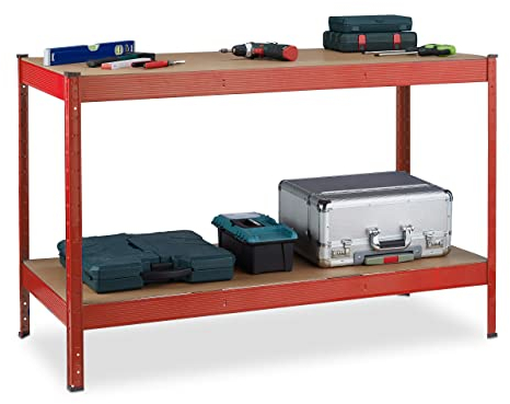 Relaxdays Banco da Lavoro Officina, Tavolo da Garage, 2 Scaffali, Altezza Regolabile, Acciaio e MDF, Rosso, 91x141x61 cm ca