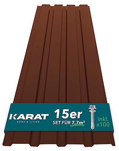 KARAT - 15 Stück Trapezblech 115 x 45 cm - Profilblech SET inkl. Schrauben - 7,7 m² Wandblech Dachblech - Stärke 0,25 mm - Dachplatten Stahlblech Wandverkleidung (Braun)