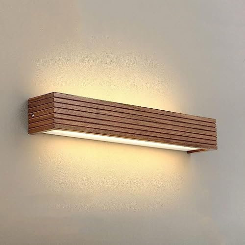 SweAtz Aplique de pared de madera larga rústica, color nogal, vintage, granja, lineal, LED, lámpara de pared, tocador, baño, barra de luz de pared sobre espejo, iluminación de mesita de noche para
