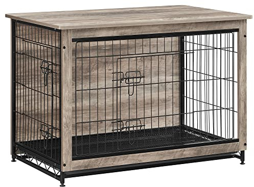 Feandrea Jaula para Perros, Mesa Auxiliar, Moderna Jaula para Perros hasta 32 kg, Jaula para Cachorros, Bandeja Extraíble, Casa para Mascotas, 2 Puertas, Greige PFC003G01