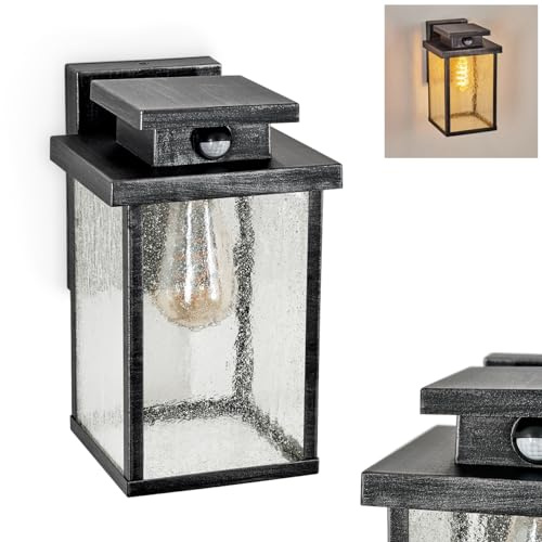 HOFSTEIN Außenwandleuchte Tieva, Außenwandlampe m. Bewegungsmelder aus Metall/Glas in Schwarz-Silber/Klar/Luftblasenoptik, Wandleuchte im Retro-Design, Lichteffekt, E27, IP44, Eingangsbereich, Haustür